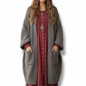 Gray Oversized Longline Pockets Crochet Knit Cardigan Sweater L - NWT